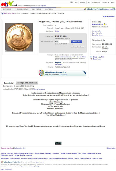 janine5352 eBay Listing Using our 1971 South African One Ounce Krugerrand Reverse Photograph Photograph